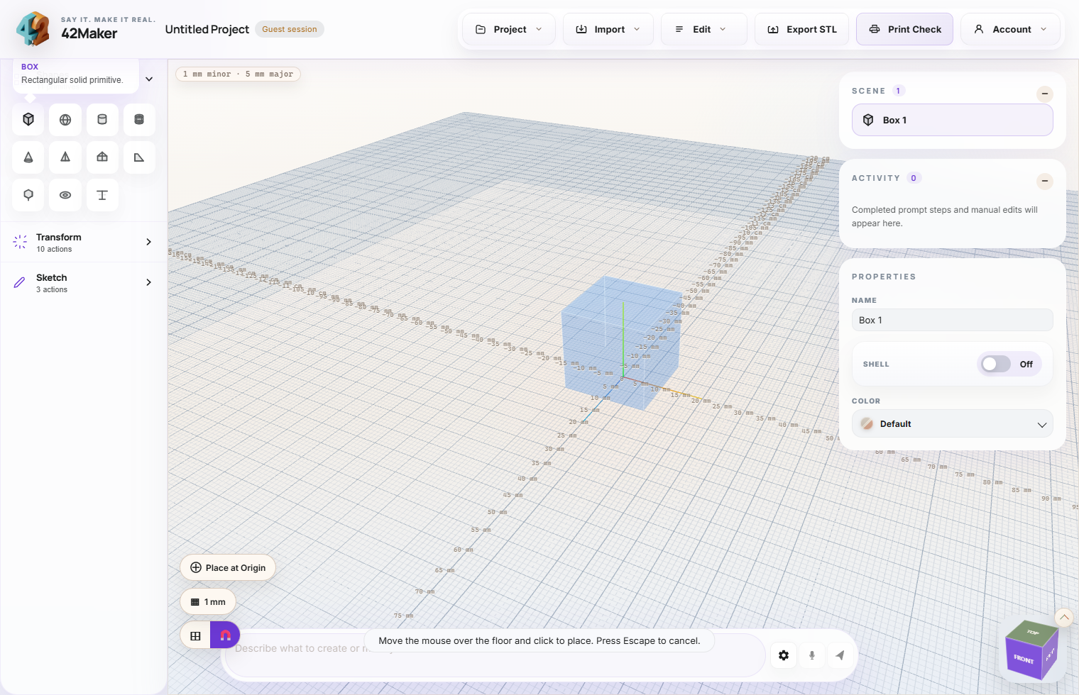 42Maker editor overview with shape tools, viewport, scene tree, and properties panel.