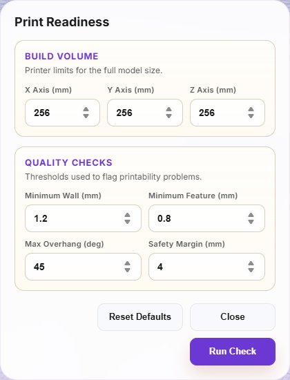 42Maker print readiness dialog with build volume and quality check settings.