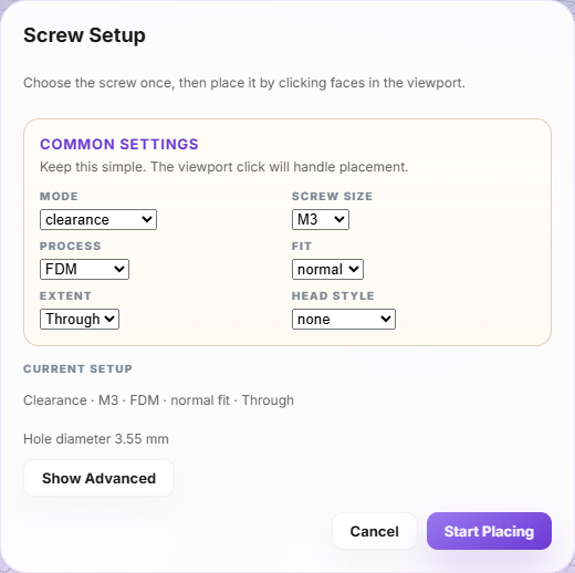 42Maker screw setup dialog showing fastener mode, size, and process options.